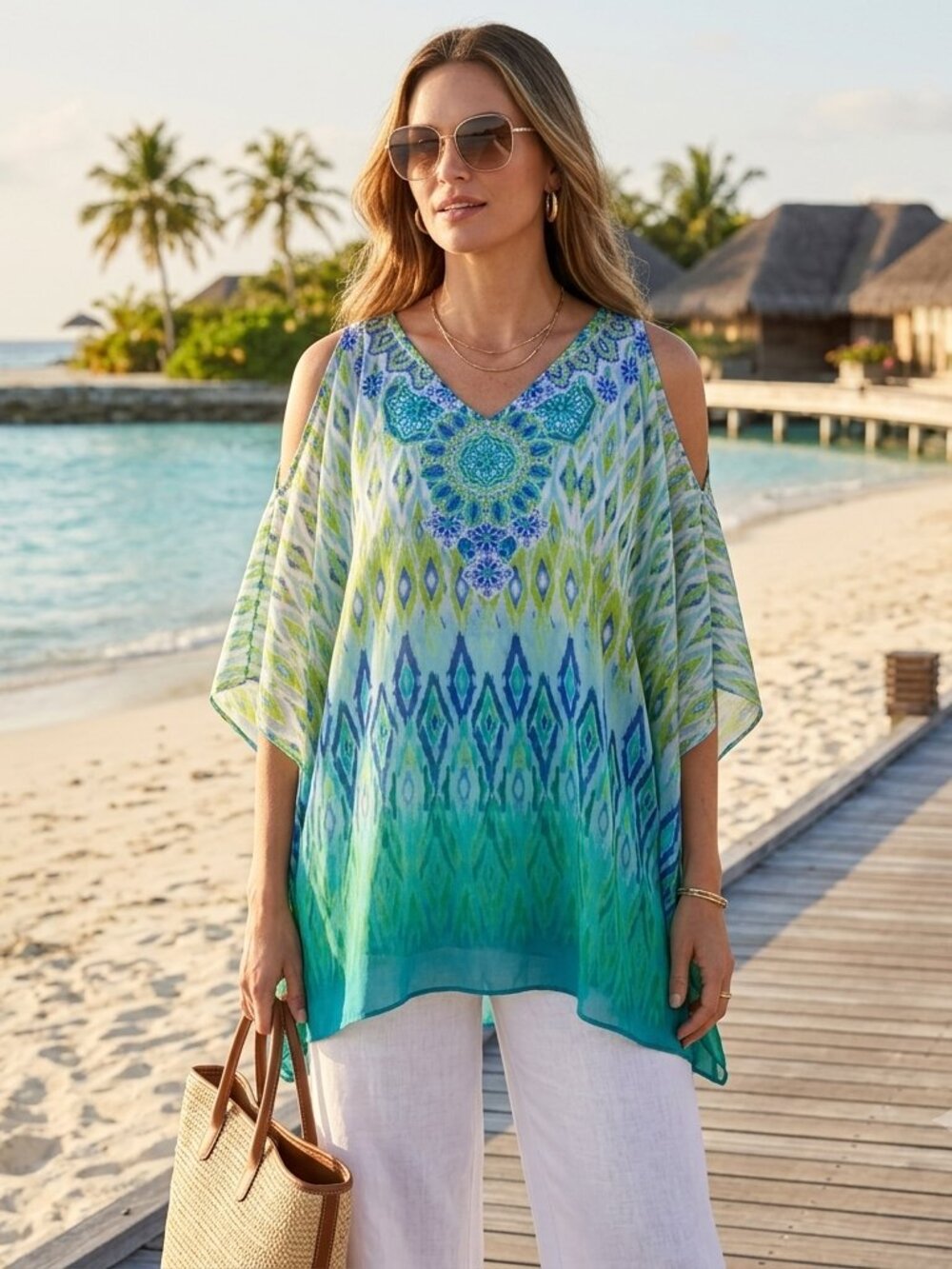 Susan Graver Sheer Cold Shoulder Kimono Sleeve Tunic Top Coastal Resort Green L